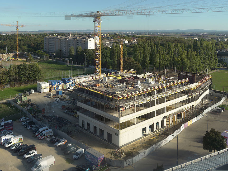 Livebild Baukamera 1 - Gesamtpanorama Baustelle Neubau 'BORGL Viola Park', Horrplatz 3, 1100 Wien (ca. 5 Minuteninterval)
